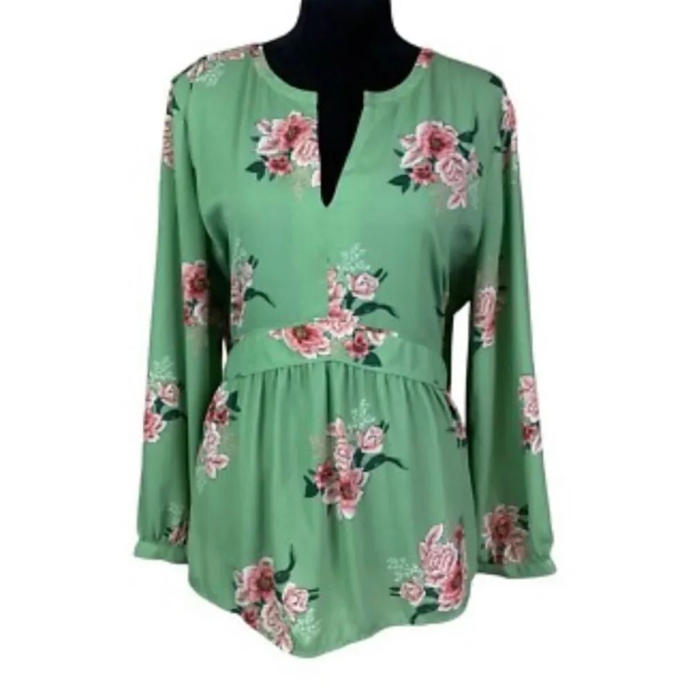 Loft women’s green floral, long sleeve, chiffon blouse, 14